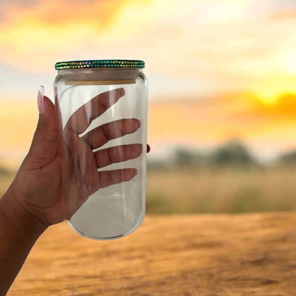 16oz Glass Cup with handmade rhinestone lid! - Picture 3 of 3
